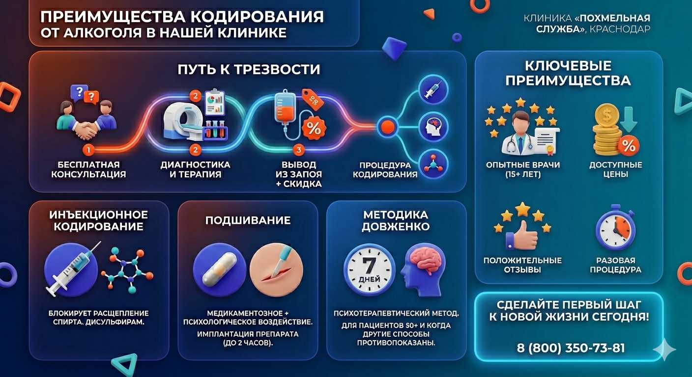Инфографика о методах кодирования от алкоголя в Тюкалинске: инъекции, подшивание, метод Довженко. Преимущества клиники и этапы лечения.