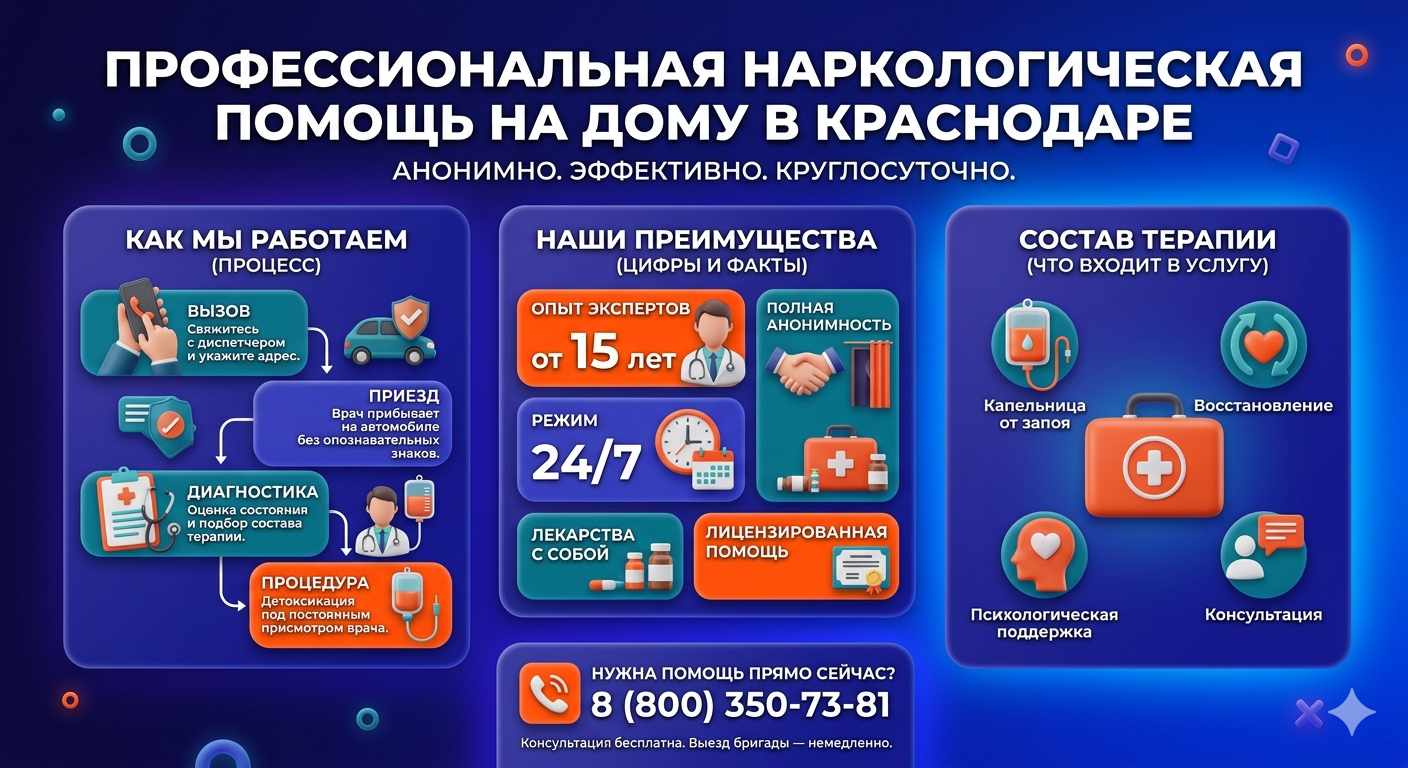 Инфографика о принципах лечения алкоголизма на дому в Тюкалинске: этапы вызова нарколога, преимущества анонимной детоксикации и состав медицинской помощи.